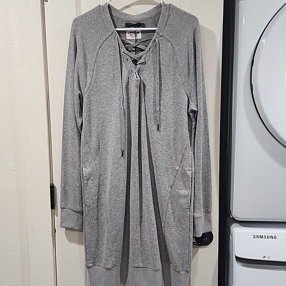 PRANA Gray Cozy Lace-Up Soft Terry Knit Sweatshirt Dress UPF 50+ Hemp  NWT